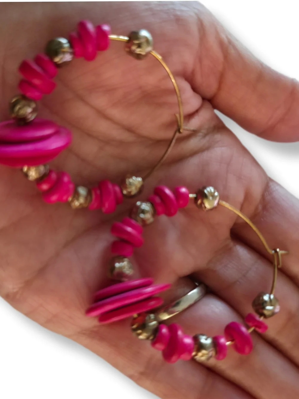 Pink Boho Hoop Earrings - Gold Tone with Pink Beads
